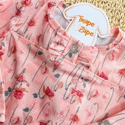 Conj. Body Manga Longa Floral e Calça com Cinto - Rosa e Pêssego 